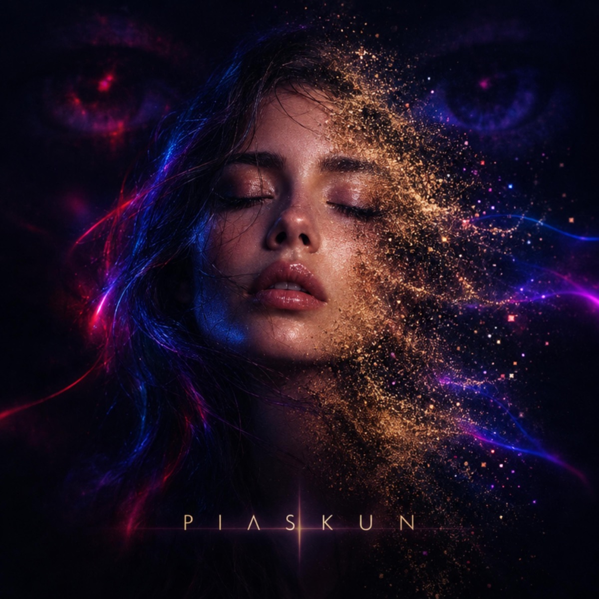 Official Piaskun cover art: a woman's face with closed eyes dissolving into drifting gold particles against a dark ground; PIASKUN set in spaced gold letters below